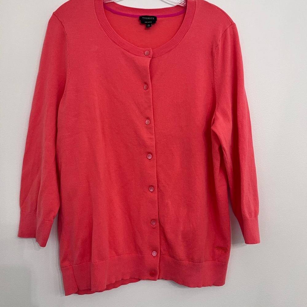 Talbots Coral Button-Up Pima Cotton Cardigan 3/4 Sleeve Soft Office Casual